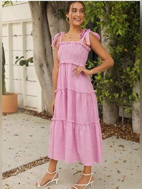 Pink Gingham Smocked Maxi Dress